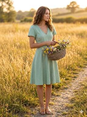 Altar'd State Sage Green V-Neck Short Sleeve Fit and Flare Dress Small Summer Fl